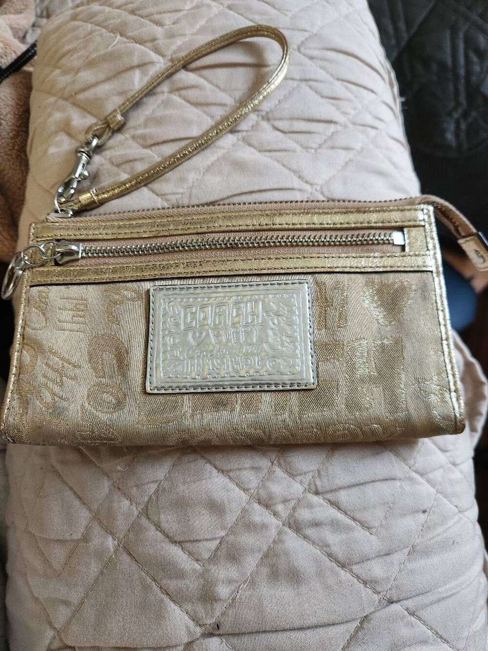 Coach Poppy Wristlet — Gold Silver and Khaki with lavender interior